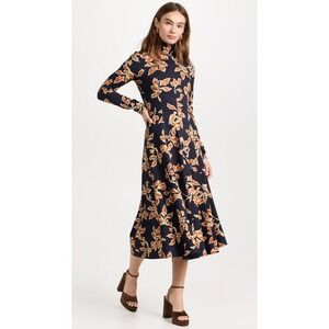 Tanya Taylor Floral Thea Dress Navy Orange Jersey Midi Turtle Neck Sz S